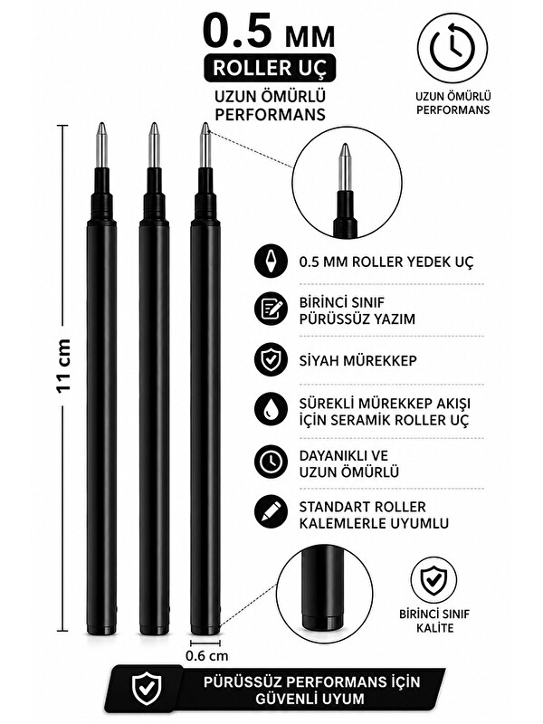 Artlantis Siyah Pilot Kalem Yedeği Seramik Refil Yedek 3 Adet Jel Pilot Roller Kalem Yedek Uç
