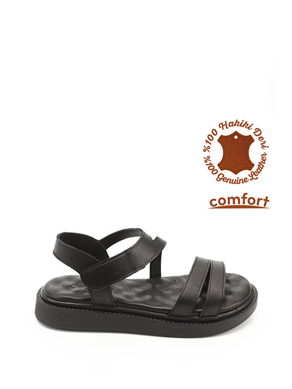 GÖNDERİ(R) Kadın ZÜMRÜT-SİYAH Cırt Bantlı Hakiki Deri Comfort Sandalet
