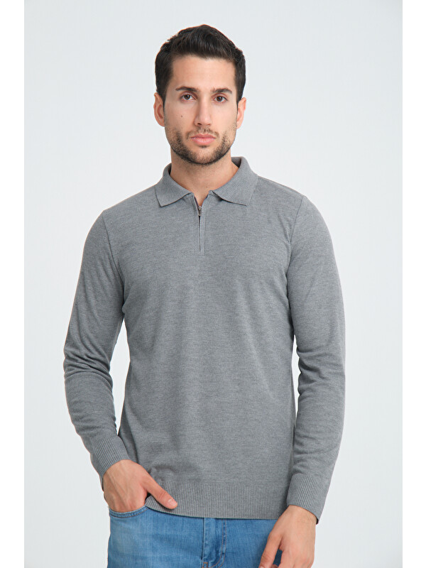 Comstar Erkek Triko Yarım Fermuarlı Gri Polo Yaka T-shirt
