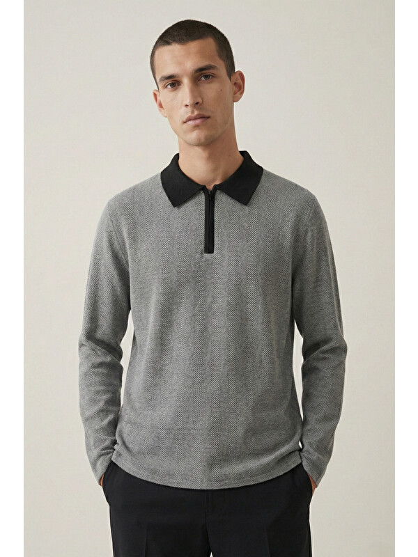 Comstar Erkek Triko Slim Zip Füme Polo Yaka Tişört