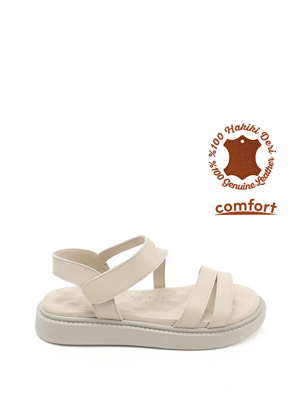 GÖNDERİ(R) Kadın BEJ-CAMEL Cırt Bantlı Hakiki Deri Comfort Sandalet