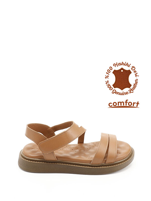 GÖNDERİ(R) Kadın HAKİ-TABA Cırt Bantlı Hakiki Deri Comfort Sandalet