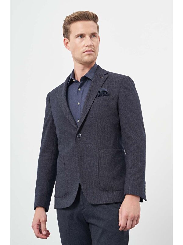 İMZA Koyu Lacivert Örme Mono Yaka 6 Drop Slim Fit Ceket 1002245151