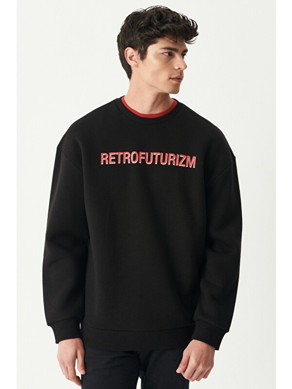 Riders by Lee Oversize Fit Bisiklet Yaka Şardonlu Siyah Sweatshirt