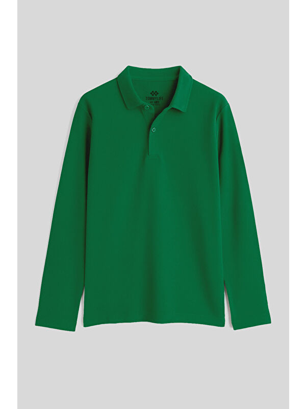 Tommylife Yeşil Polo Yaka Basic Uzun Kollu Unisex Çocuk T-Shirt - 11170
