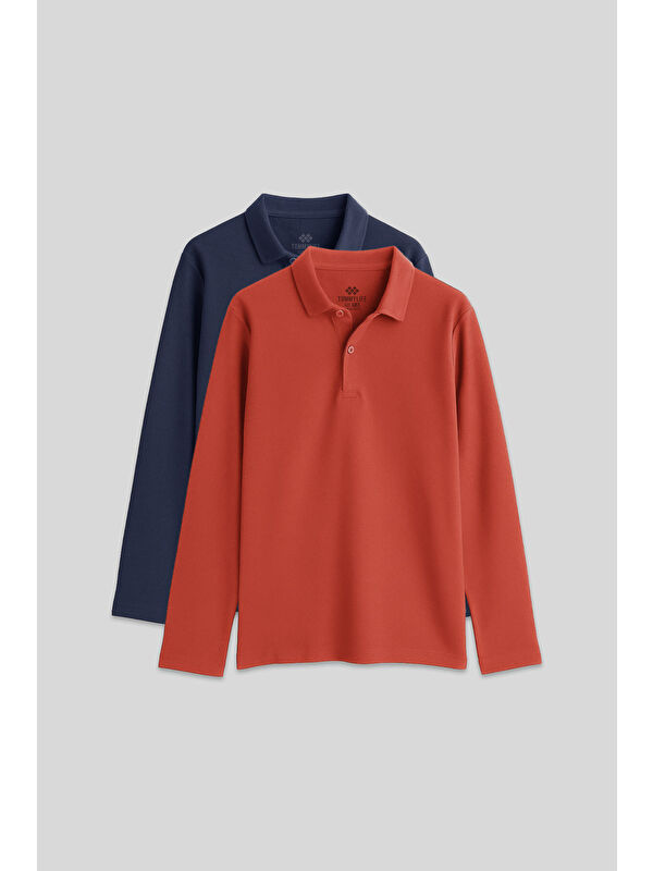 Tommylife Basic Polo Yaka 2li Paket Lacivert-Coral Unisex Çocuk T-Shirt - 11170
