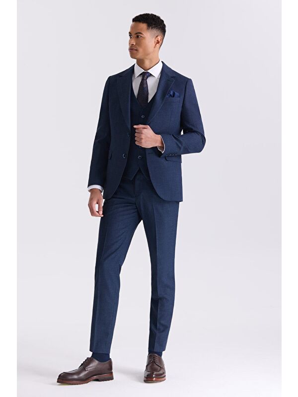JAKAMEN Lacivert Slim Fit Mono Yaka Yelekli Takım Elbise