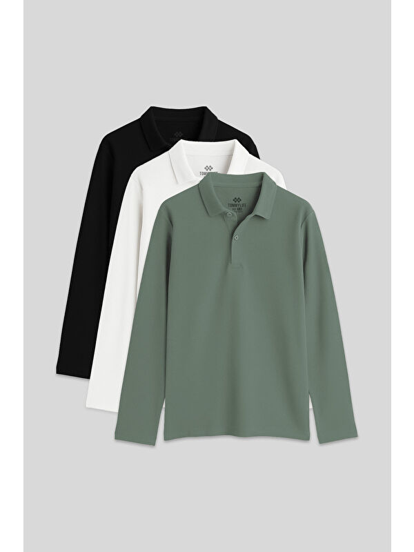 Tommylife Basic Polo Yaka 3lü Paket Siyah-Beyaz-Çağla Unisex Çocuk T-Shirt - 11170