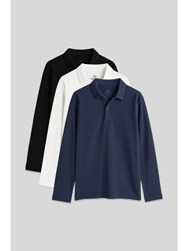 Tommylife Basic Polo Yaka 3lü Paket Siyah-Beyaz-Lacivert Unisex Çocuk T-Shirt - 11170