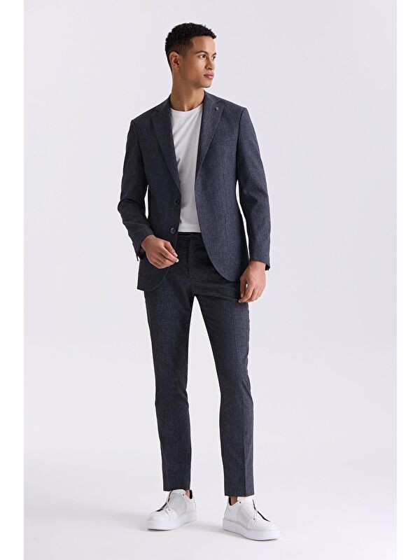 JAKAMEN Koyu Lacivert Slim Fit Mono Yaka Keten Takım Elbise