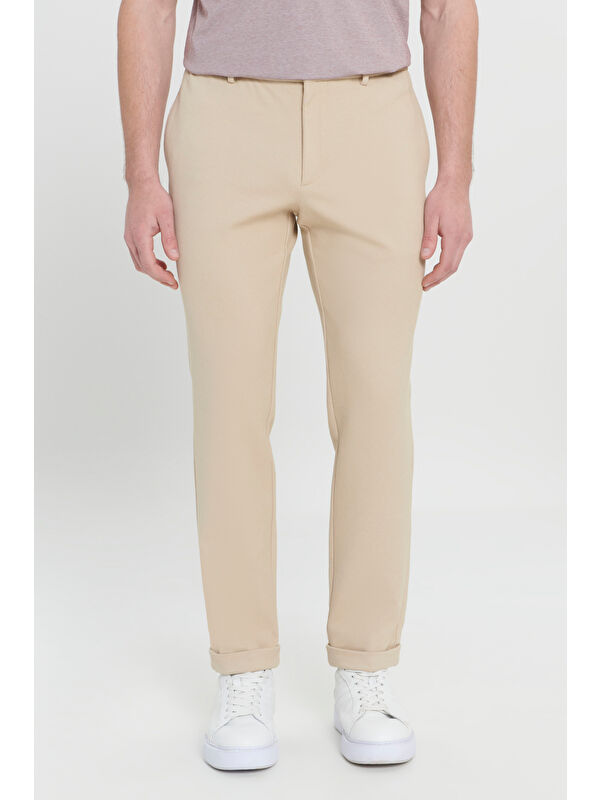 AC&Co / Altınyıldız Classics Erkek Bej 360 Derece Here Yöne Esneyen Slim Fit Dar Kesim Diagonal Desenli Beli Bağlamalı Örme Pant-