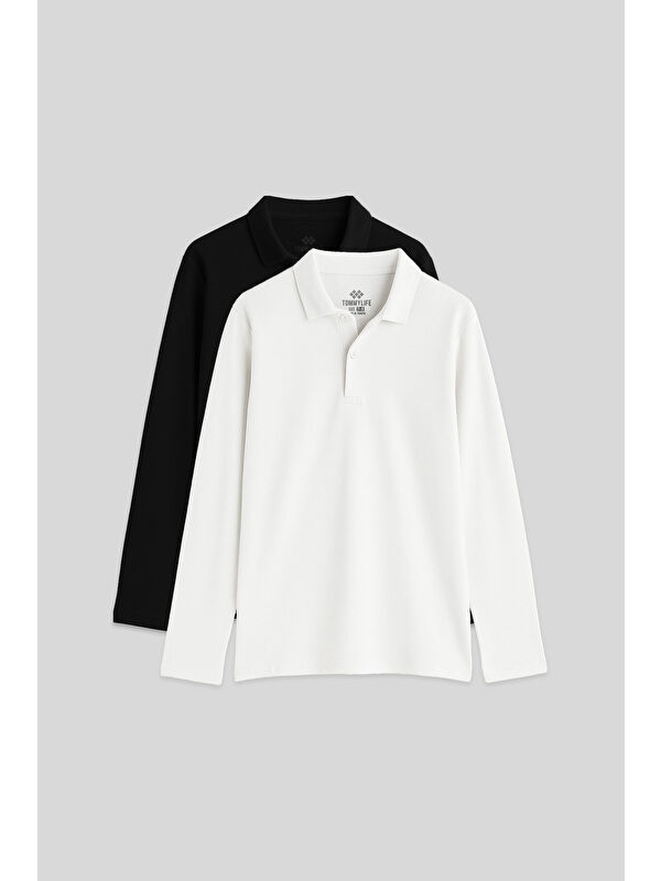 Tommylife Basic Polo Yaka 2li Paket Siyah-Beyaz Unisex Çocuk T-Shirt - 11170
