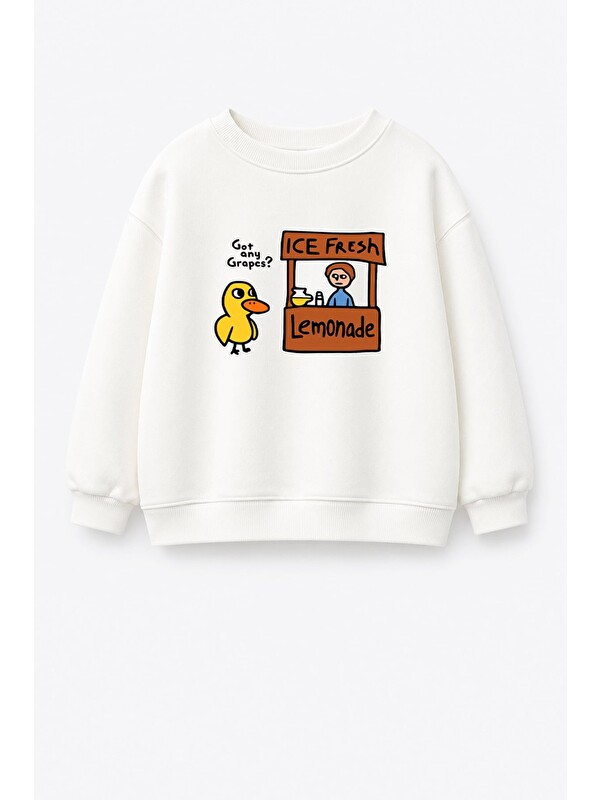 Monila Unisex Çocuk Ekru Ördek Baskılı 3 İplik Kumaş Pamuklu Sweatshirt
