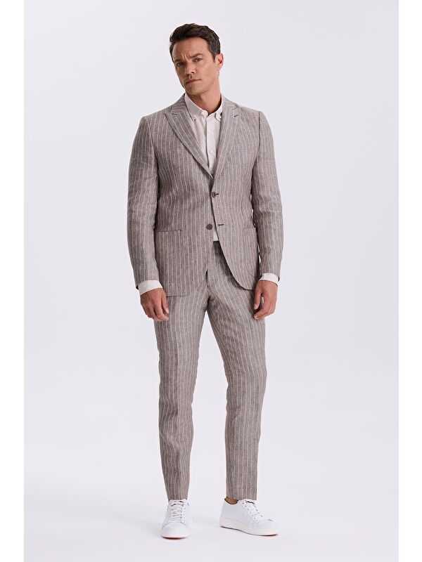 JAKAMEN Kahve Slim Fit Kırlangıç Yaka Çift Yırtmaçlı %100 Keten Spor Takım Elbise
