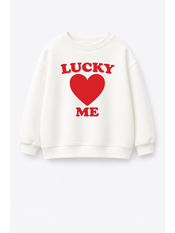 Monila Unisex Çocuk Kalp Baskılı 3 İplik Kumaş Pamuklu Sweatshirt