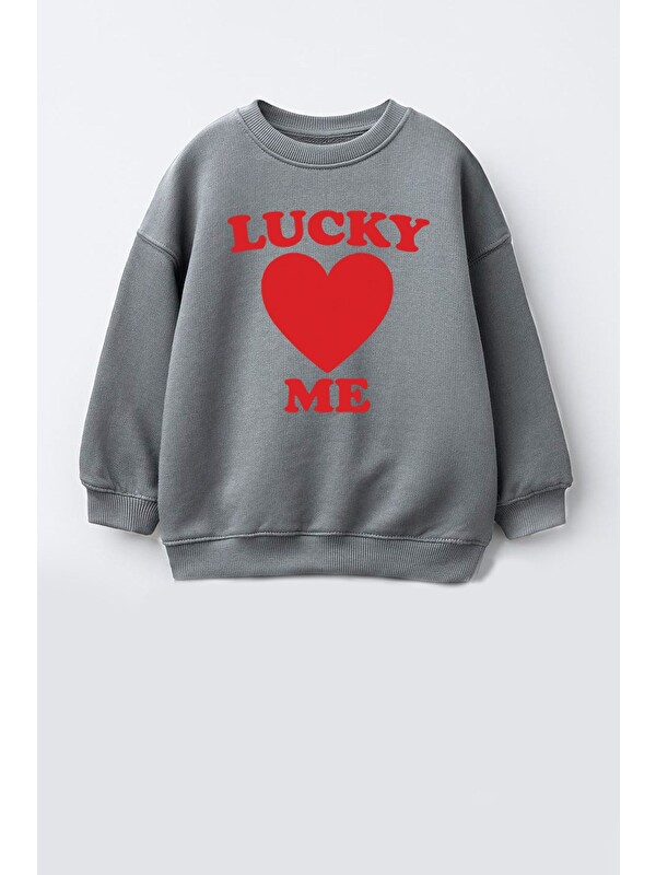 Monila Unisex Çocuk Kalp Baskılı 3 İplik Kumaş Pamuklu Sweatshirt