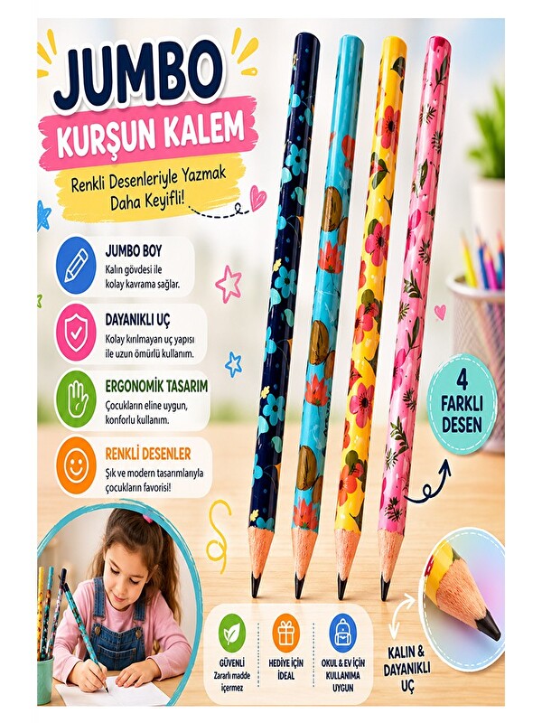 artmaster Jumbo Kurşun Kalem 4 Adet Silka 1511 Kelebekli Jumbo Kalın Kalem HB Kolay Tutuş Dereceli Kalem Kurşu