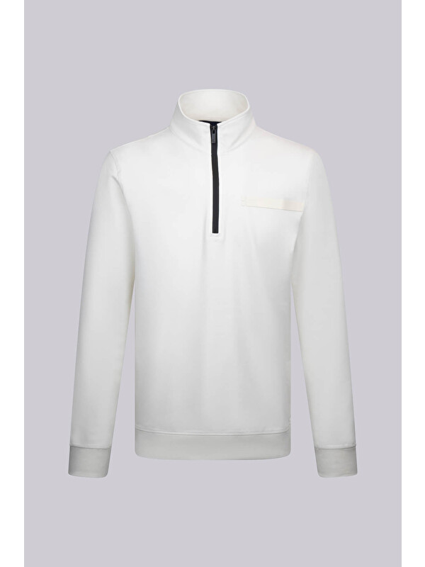 Hatemoğlu Beyaz Regular Fit Fermuarlı Yarım Balıkçı Yaka Pamuklu Sweatshirt