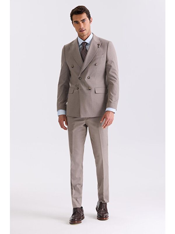 JAKAMEN Bej Slim Fit Sivri Yaka Çizgili Kruvaze Takım Elbise