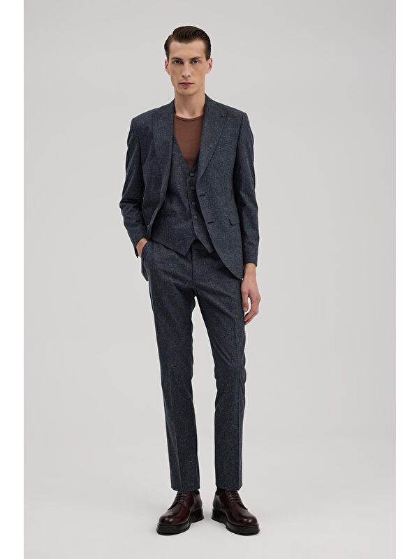 JAKAMEN Koyu Lacivert Slim Fit Sivri Yaka Yelekli Takım Elbise