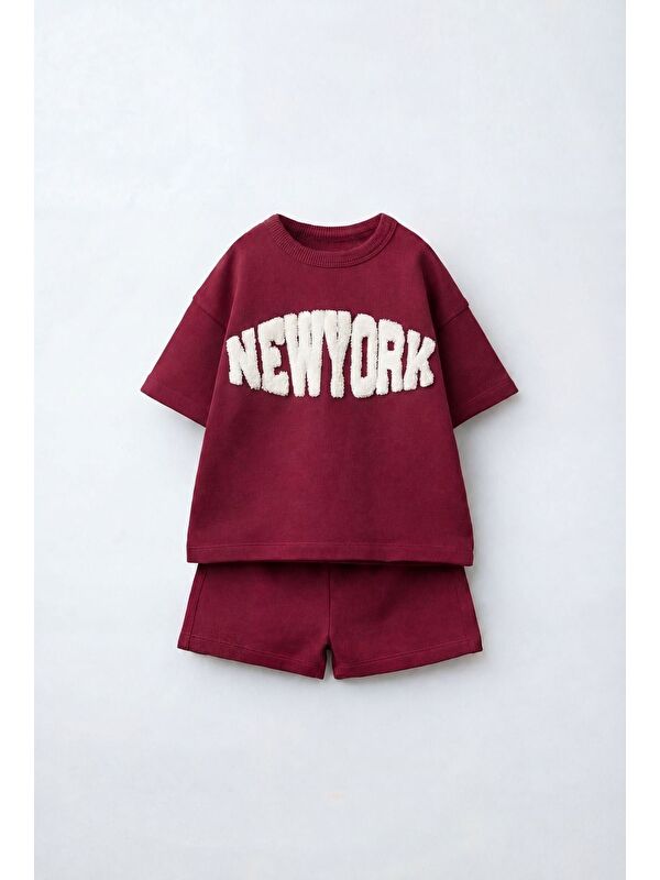 Magu Çocuk Pamuklu Bordo New York Yazı Aplikeli T-Shirt Şort Takım