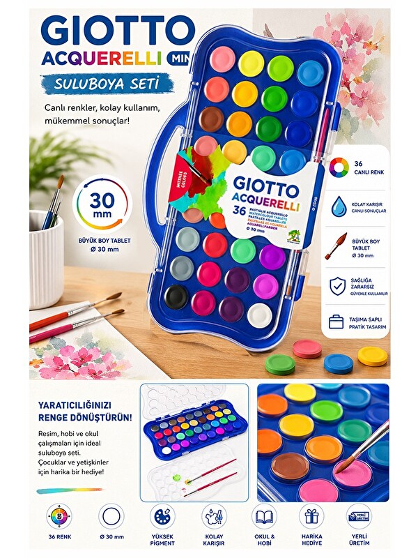 artmaster 36 Renk Sulu Boya 30mm Büyük 1 Paket Giotto 36 lı Suluboya Fırça Hediyeli Canlı Renkler Acquerelli K