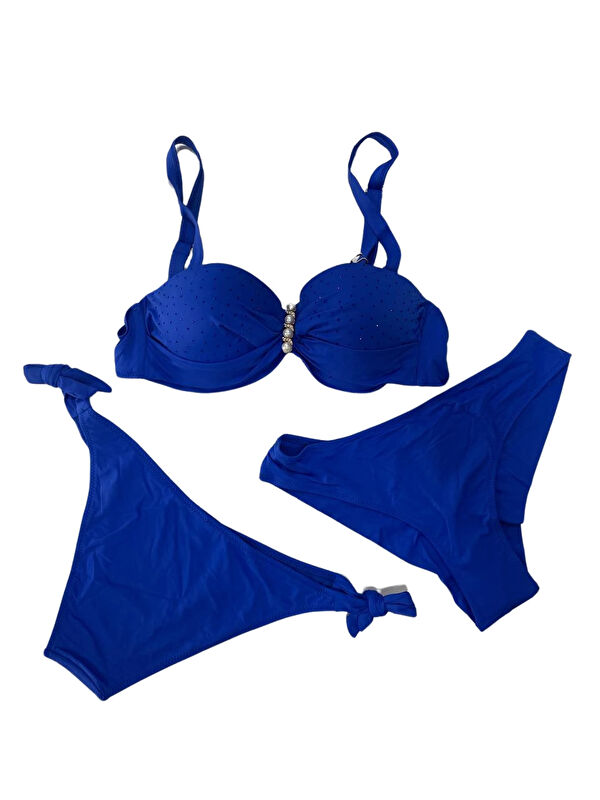 Hazelin Kadın Saks Mavi Taş İşlemeli Tokalı Astarlı Bikini Takım HZL24S-LC3306