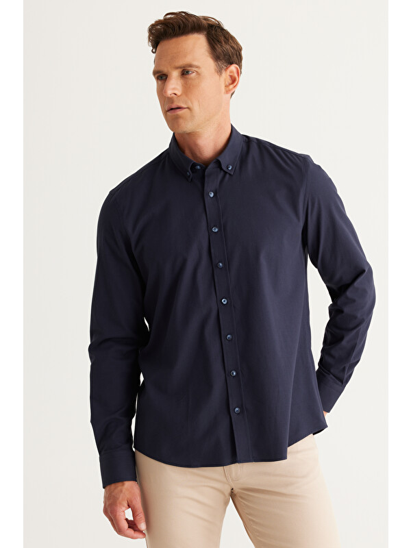 Altınyıldız Classics Erkek Lacivert Slim Fit Dar Kesim Düğmeli Yaka Pamuklu Gabardin Gömlek