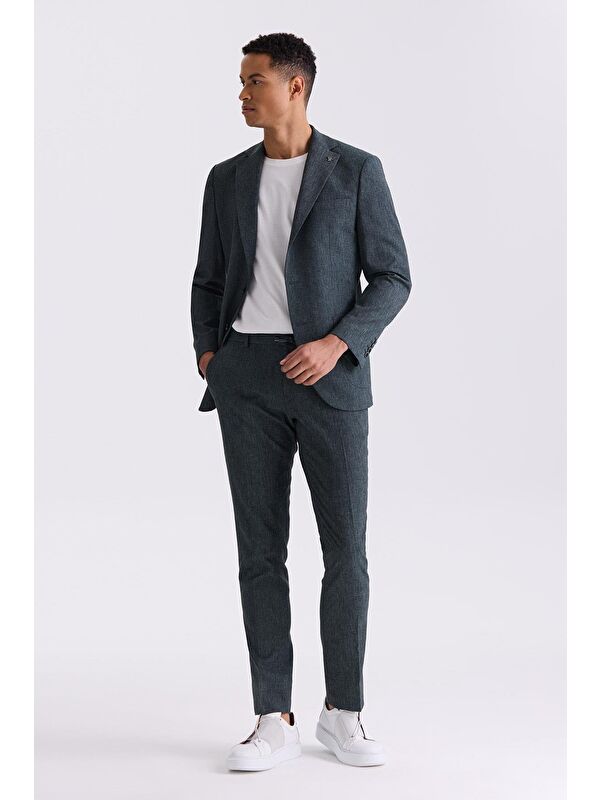 JAKAMEN Yeşil Slim Fit Mono Yaka Keten Takım Elbise