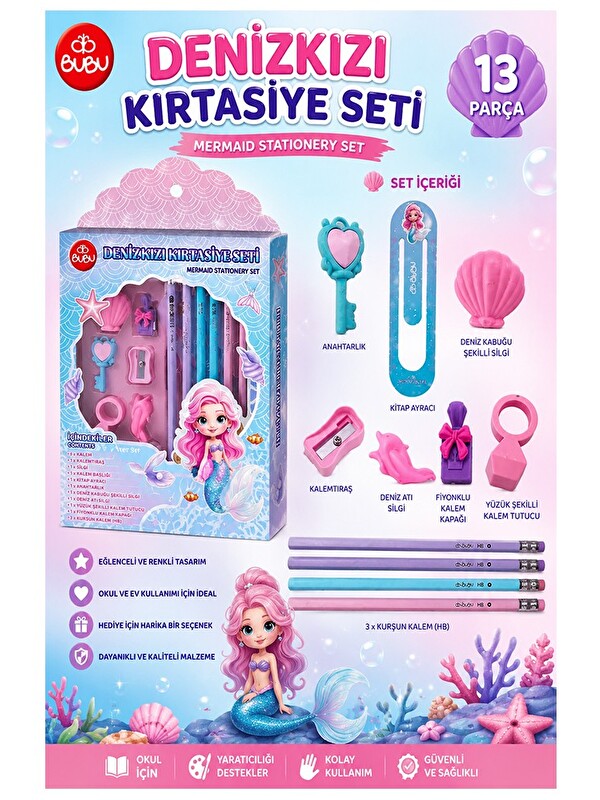 artmaster Deniz Kızı Kırtasiye Seti 1 Paket 13 Parça Kurşun Kalem Silgi Kalemtraş Cetvel Kitap Ayracı Kalem Ba