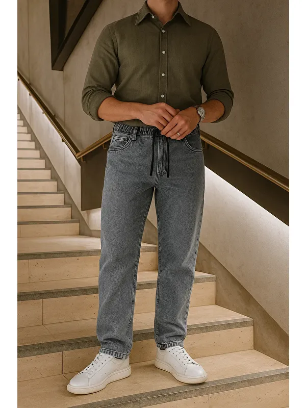 Comstar Erkek Beli Lastikli Jogger Bol Paça Gri Baggy Pantolon