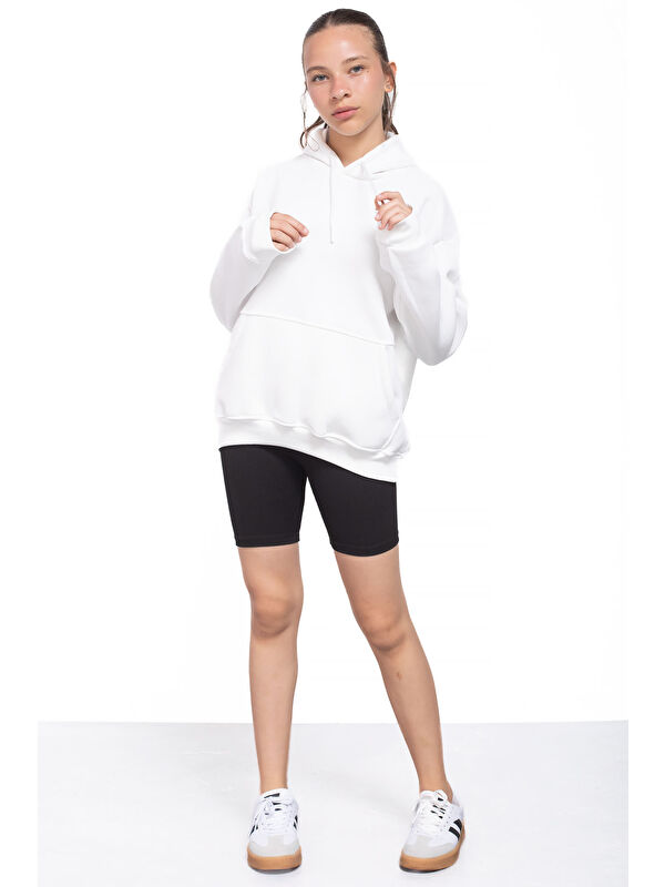 Cansın Mini Ekru Kanguru Cepli Basic Şardonlu Kız Çocuk Kapüşonlu Sweatshirt 21210