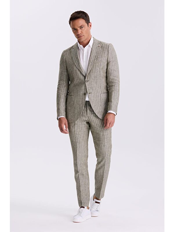 JAKAMEN Haki Slim Fit Kırlangıç Yaka Çift Yırtmaçlı %100 Keten Spor Takım Elbise