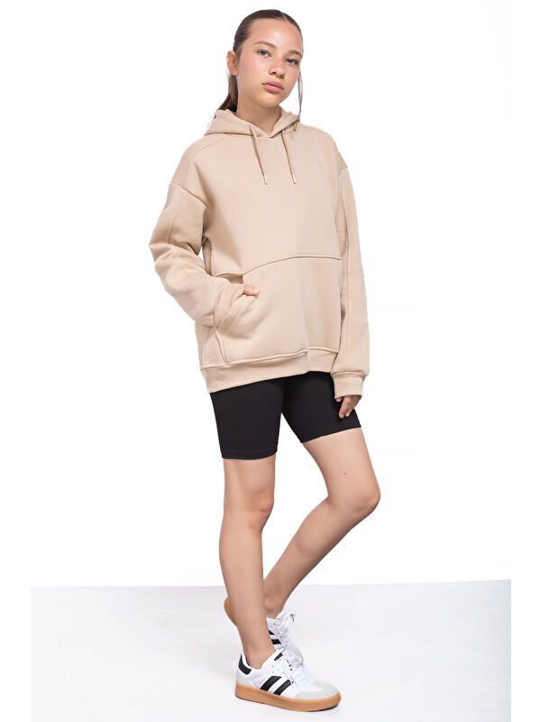 Cansın Mini Bej Kanguru Cepli Basic Şardonlu Kız Çocuk Kapüşonlu Sweatshirt 21209