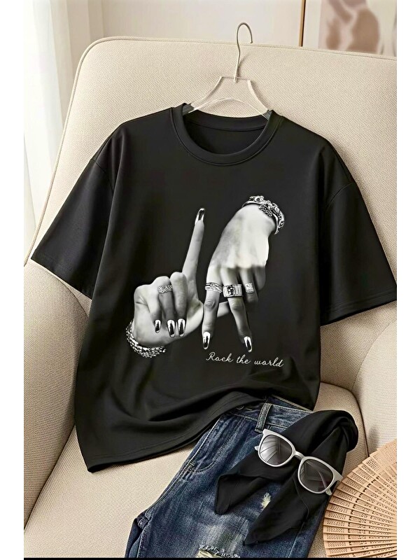 Oksit LA El İşareti Ön Baskılı Sokak Modası Unisex T-Shirt