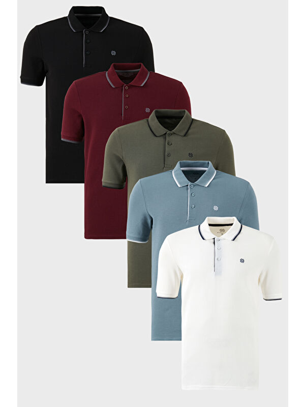 Buratti Pamuklu Slim Fit Şerit Detaylı Düğmeli Polo Yaka 5'li Paket %100 Pamuk Tişört 5902118S5