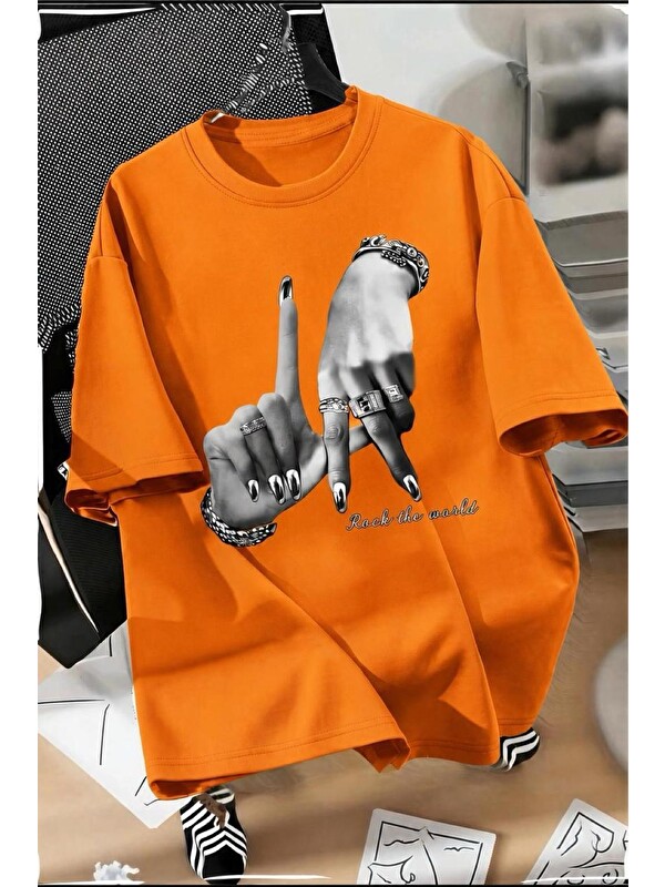 Oksit LA El İşareti Ön Baskılı Sokak Modası Unisex T-Shirt