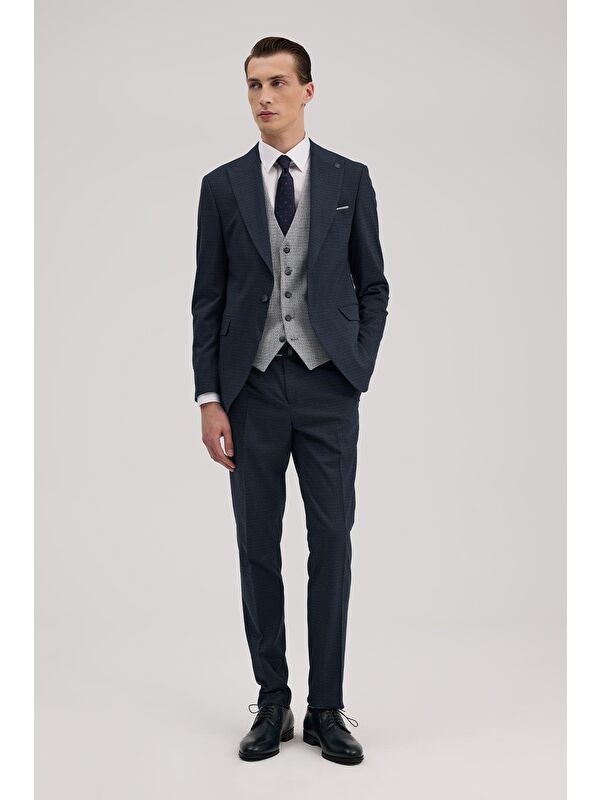 JAKAMEN Lacivert Slim Fit Kırlangıç Yaka Yelekli Kombinli Takım Elbise