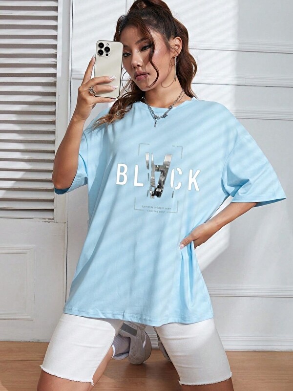 Trendseninle Kadın Bebe Mavi Black Baskılı Oversize Tişört