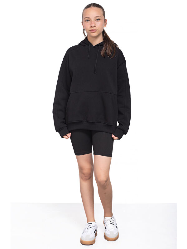 Cansın Mini Siyah Kanguru Cepli Basic Şardonlu Kız Çocuk Kapüşonlu Sweatshirt 21207
