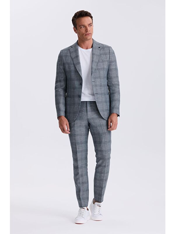 JAKAMEN Lacivert Slim Fit Mono Yaka Kareli Torba Cepli %100 Keten Takım Elbise