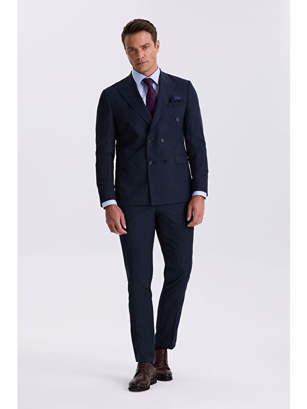 JAKAMEN Lacivert Slim Fit Kırlangıç Yaka Çift Yırtmaç Yünlü Kruvaze Takım Elbise