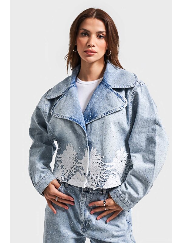 It's Basic Kadın Jean Rengi 4S5-3 Dantelli Kruvaze %100 Pamuk Tasarım Denim Ceket