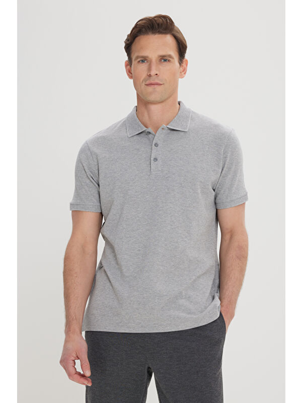 AC&Co / Altınyıldız Classics Erkek Gri Melanj Slim Fit Dar Kesim Polo Yaka %100 Pamuk Kısa Kollu Tişört