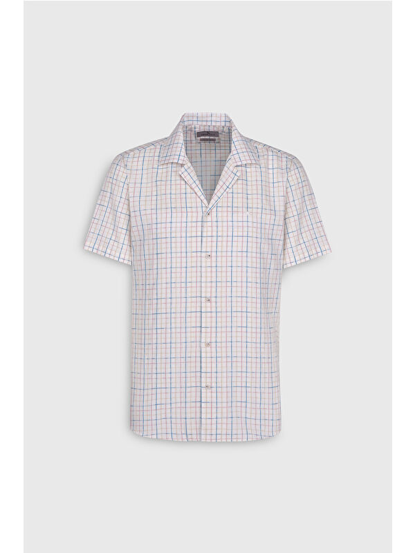 Altınyıldız Classics Erkek Ekru-Mavi Slim Fit Dar Kesim %100 Pamuk Kuba Yaka Çizgili Gömlek