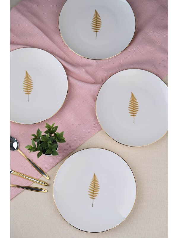 TABAK EVİ Porselen Natura Fern Altın Yaldız Pasta Tabağı 20,50cm 4 lü