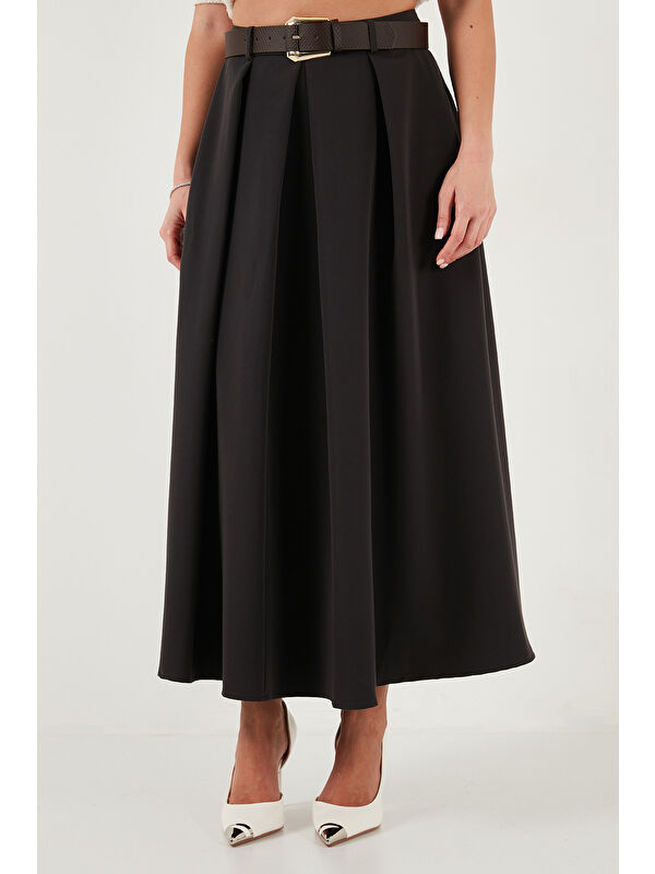 Lela Modest Kemerli Comfort Fit Yüksek Bel Pileli Kloş Uzun Tesettür Etek 6833360