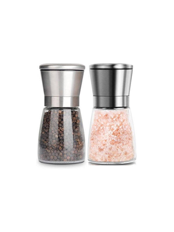 Kitchen Design Lab Cam Gövdeli Metal Krom Renk Kapaklı Tuz Karabiber Öğütücü 10 cm 2 Adet