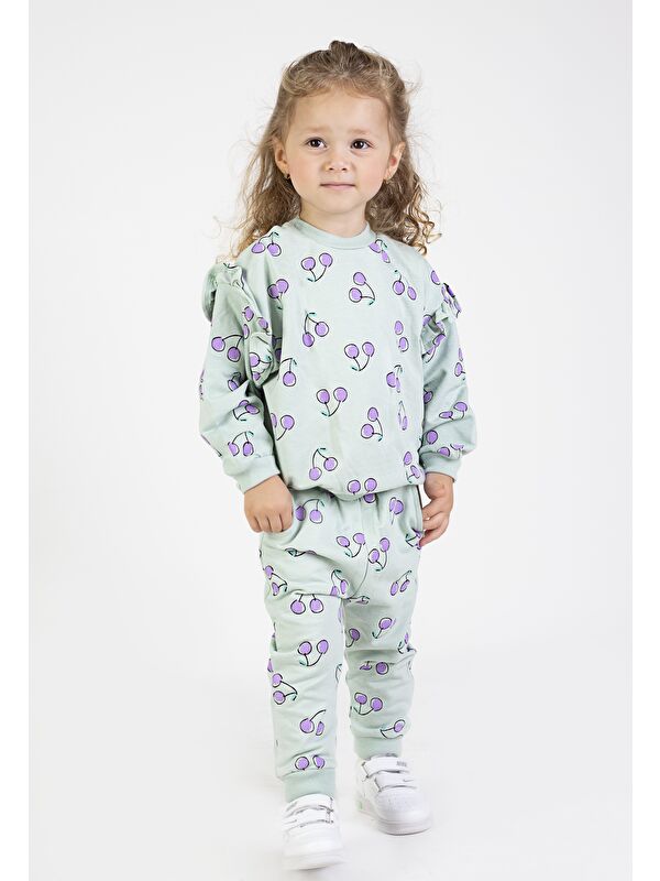 Harika Kids Kız Bebek&Çocuk İki İplik Kumaş Kiraz Desenli Orta Kalınlıkta Örme Basic Oversize Alt Üst Eşofman Ta