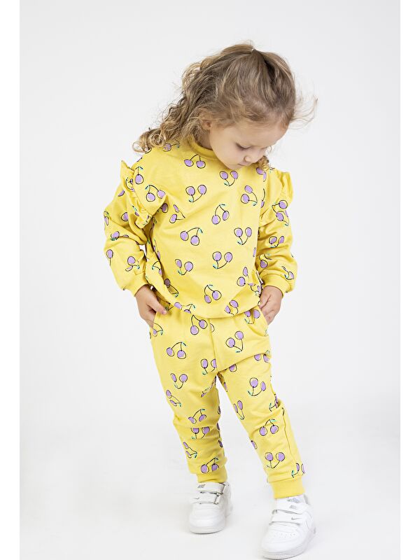 Harika Kids Kız Bebek&Çocuk İki İplik Kumaş Kiraz Desenli Orta Kalınlıkta Örme Basic Oversize Alt Üst Eşofman Ta